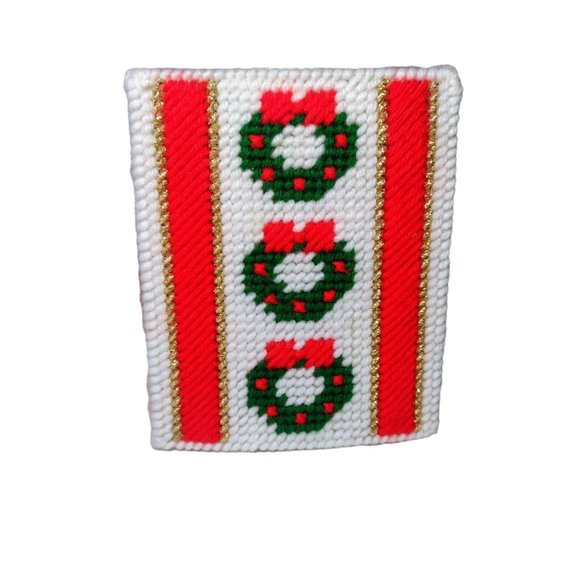 Christmas Wreath Tissue Box Cover Handmade Plastic Canvas Metallic Holiday - Picture 2 of 5